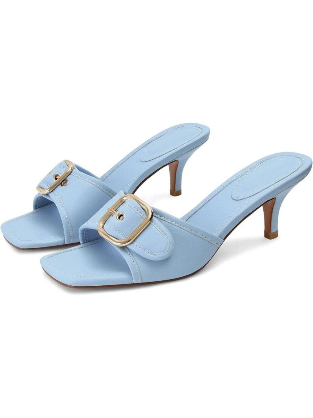 Women's Blue Leather Square-Toe Buckle Accent Kitten Stiletto Heel Mule Sandal
